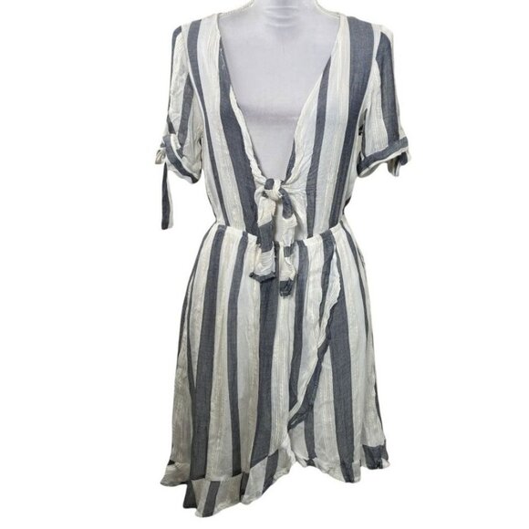 Vintage Havana Striped Mini Dress Medium Gray White Tie Front Short Sleeve - Picture 1 of 8